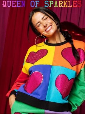 NEW Queen of Sparkles Rainbow Colorblock Rhinestone Heart Sweatshirt. Size XL
